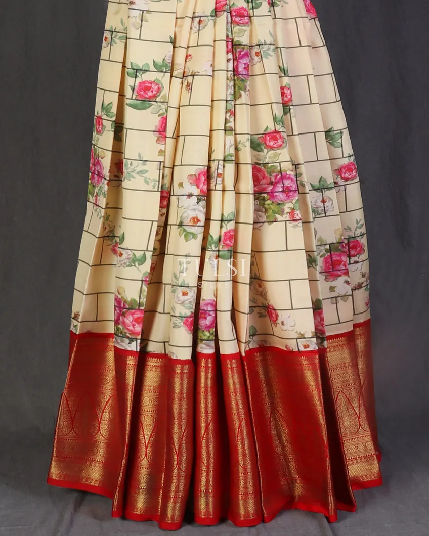 Cream Printed Kanjivaram Silk Pavadai T1731202