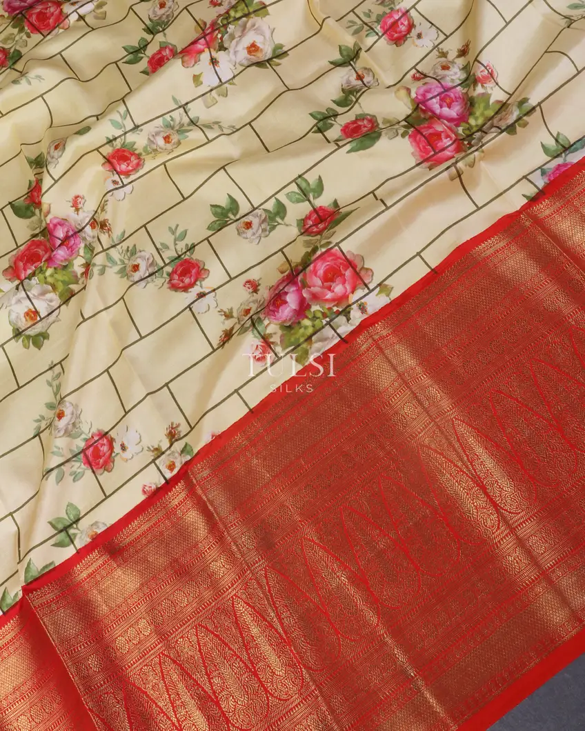 Cream Printed Kanjivaram Silk Pavadai T1731204