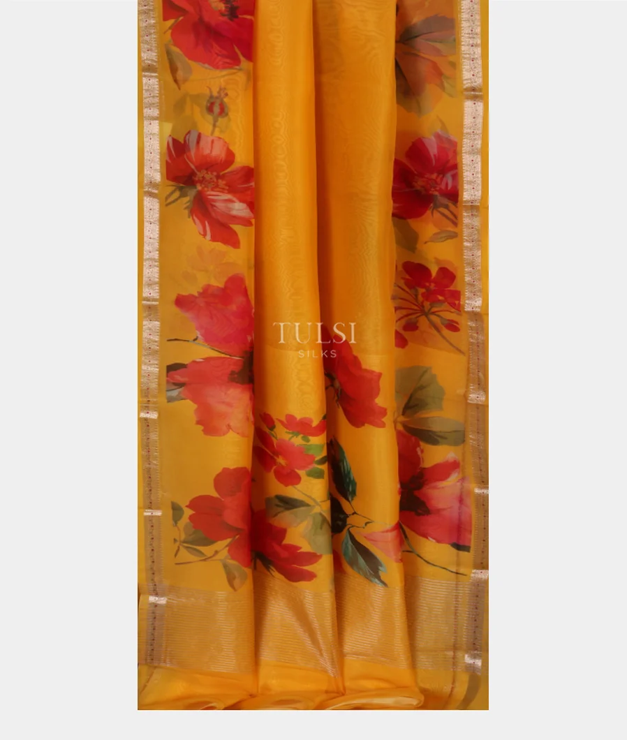Yellow Kora Organza Printed Saree T5119962