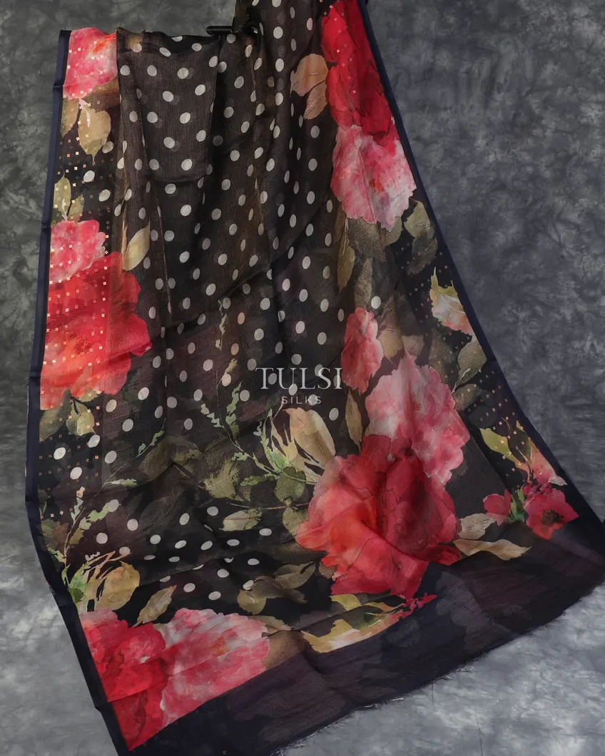 Black Kora Organza Printed Saree T5301464