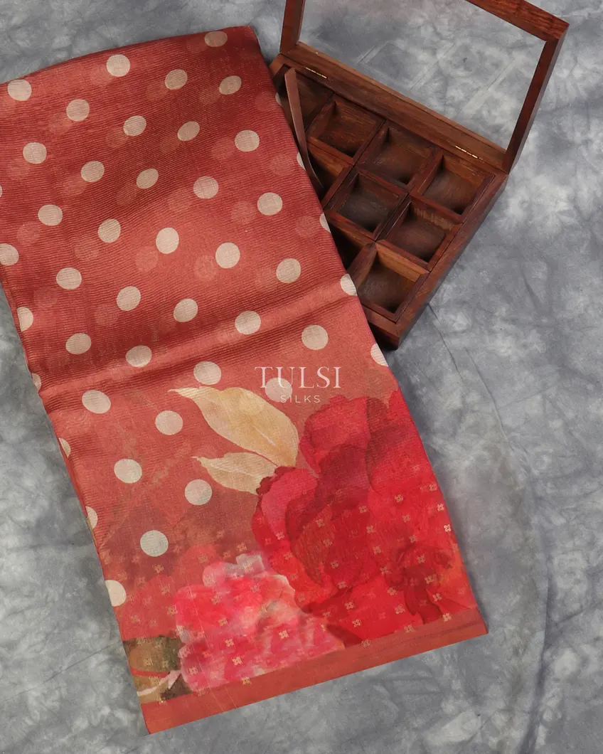 Dark Peach Kora Organza Printed Saree T530138-image