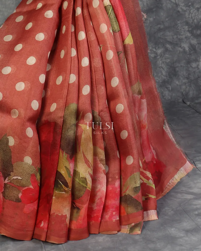 Dark Peach Kora Organza Printed Saree T5301382