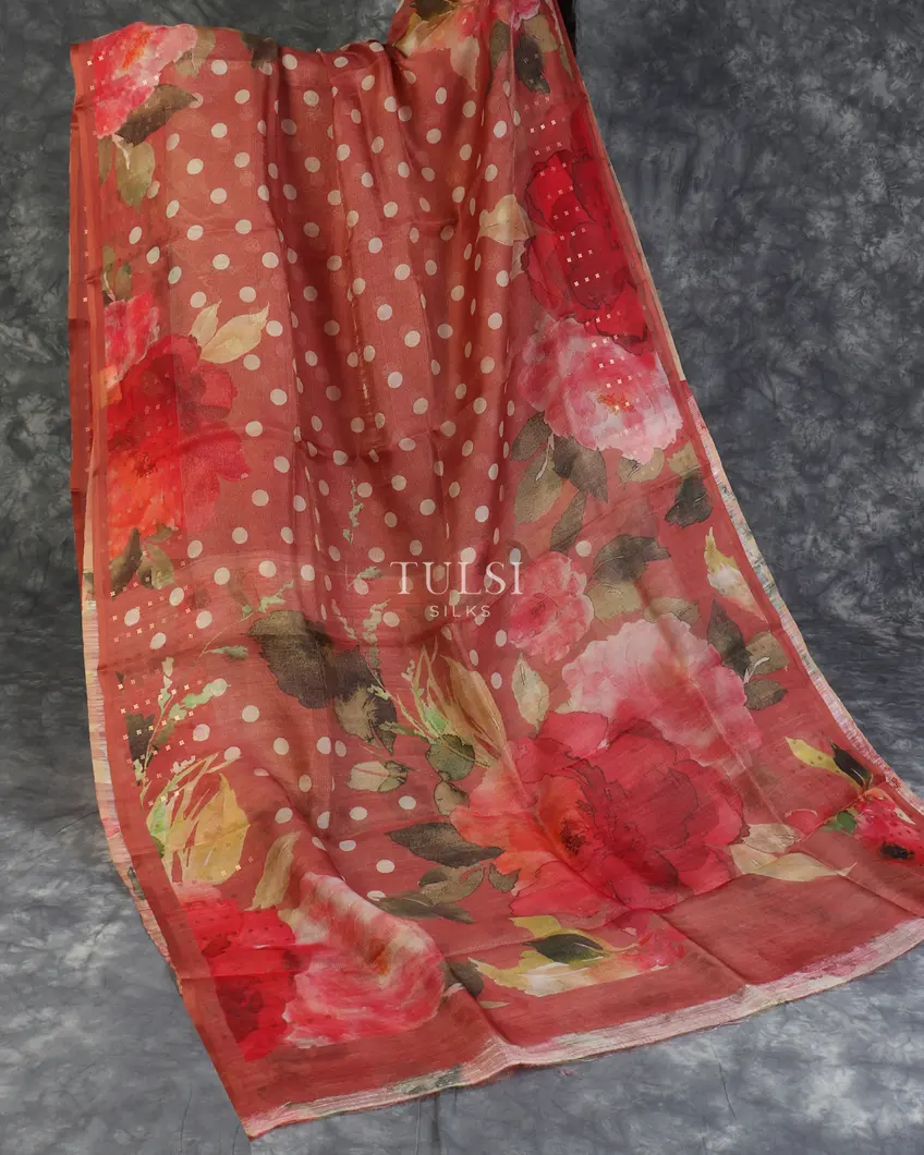 Dark Peach Kora Organza Printed Saree T5301384