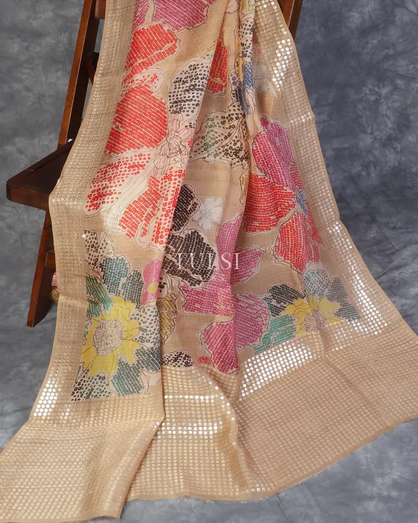 Beige Organza Printed Saree T5303012