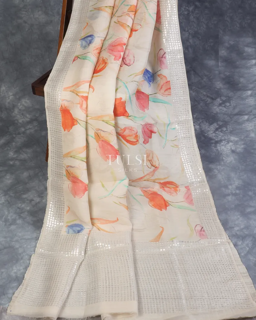 Off - White Organza Printed Saree T5302922