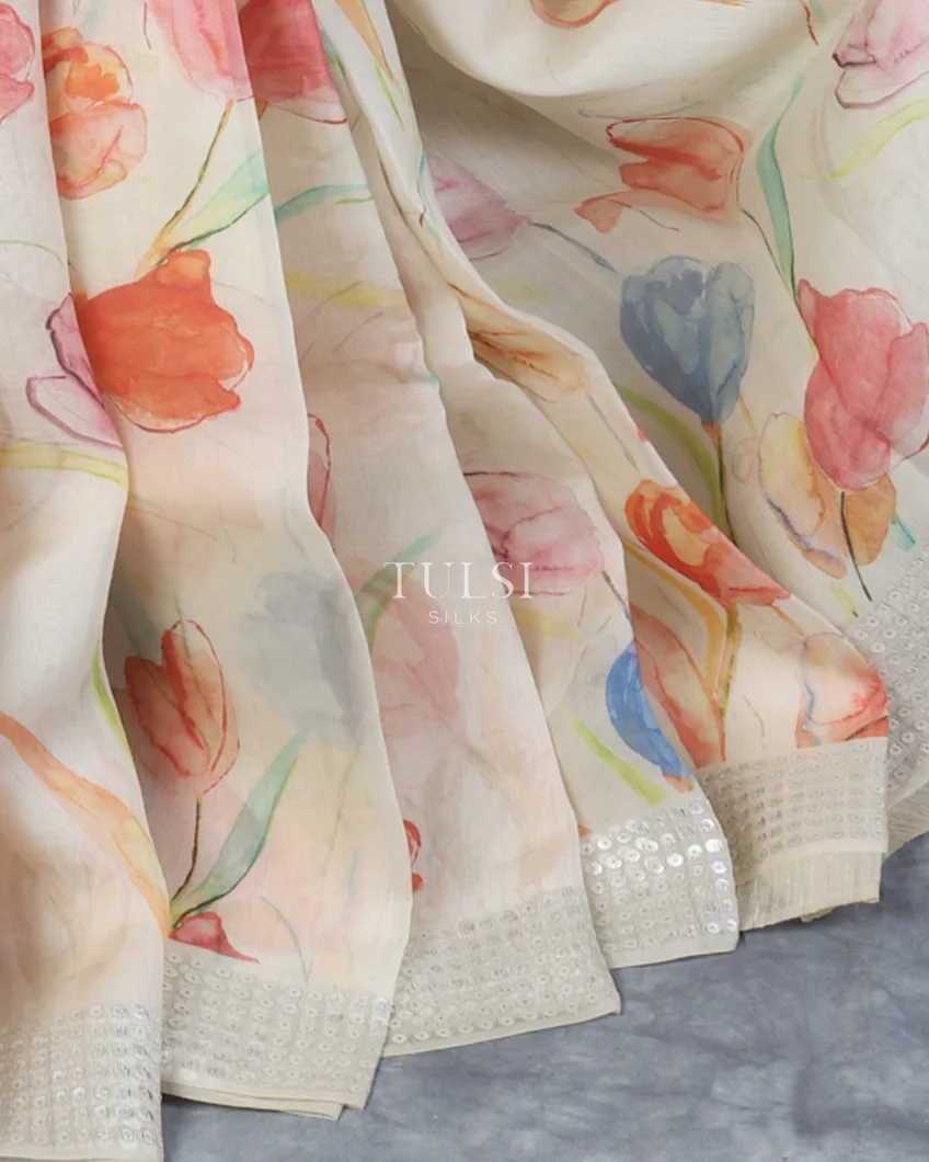 Off - White Organza Printed Saree T5302924