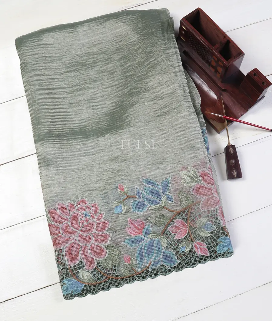 Greenish Grey Kora Tissue Organza Embroidery Saree T523733-image