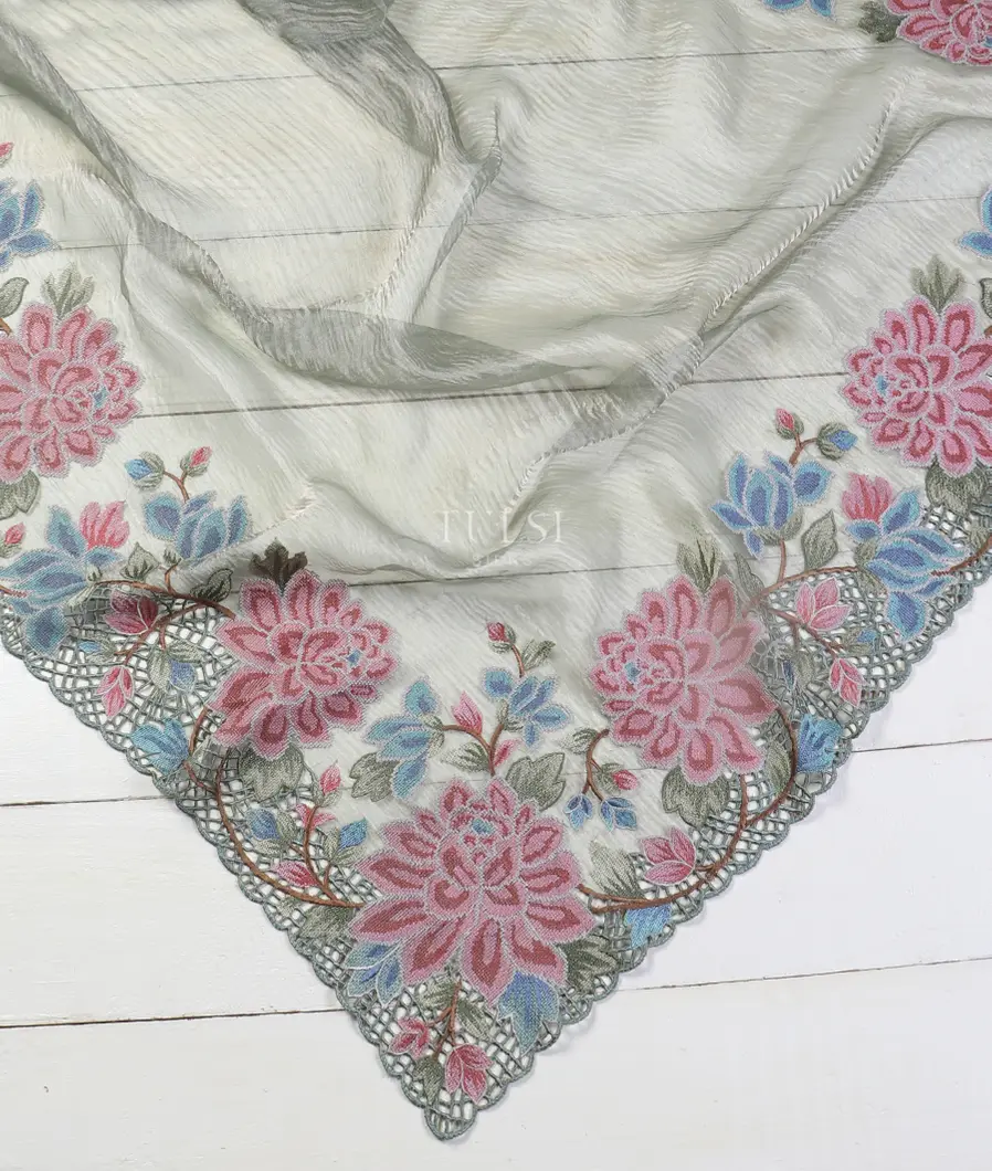 Greenish Grey Kora Tissue Organza Embroidery Saree T5237332