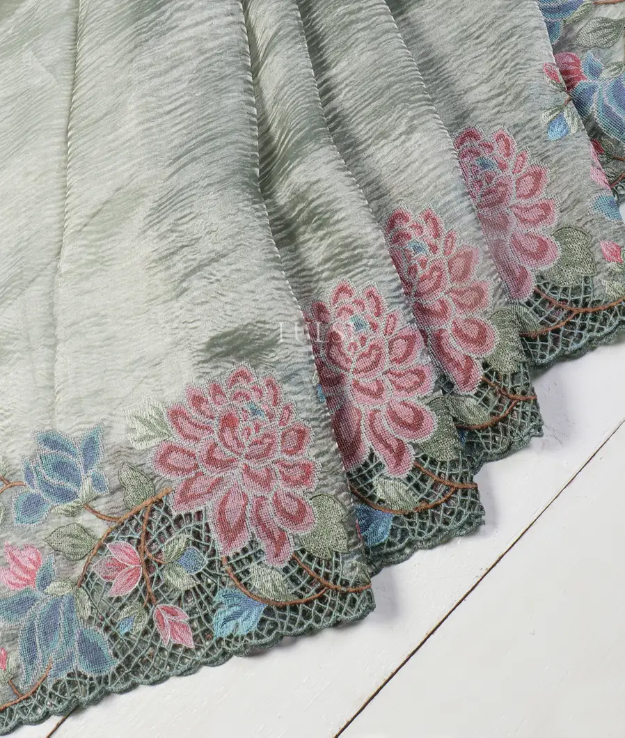 Greenish Grey Kora Tissue Organza Embroidery Saree T5237334