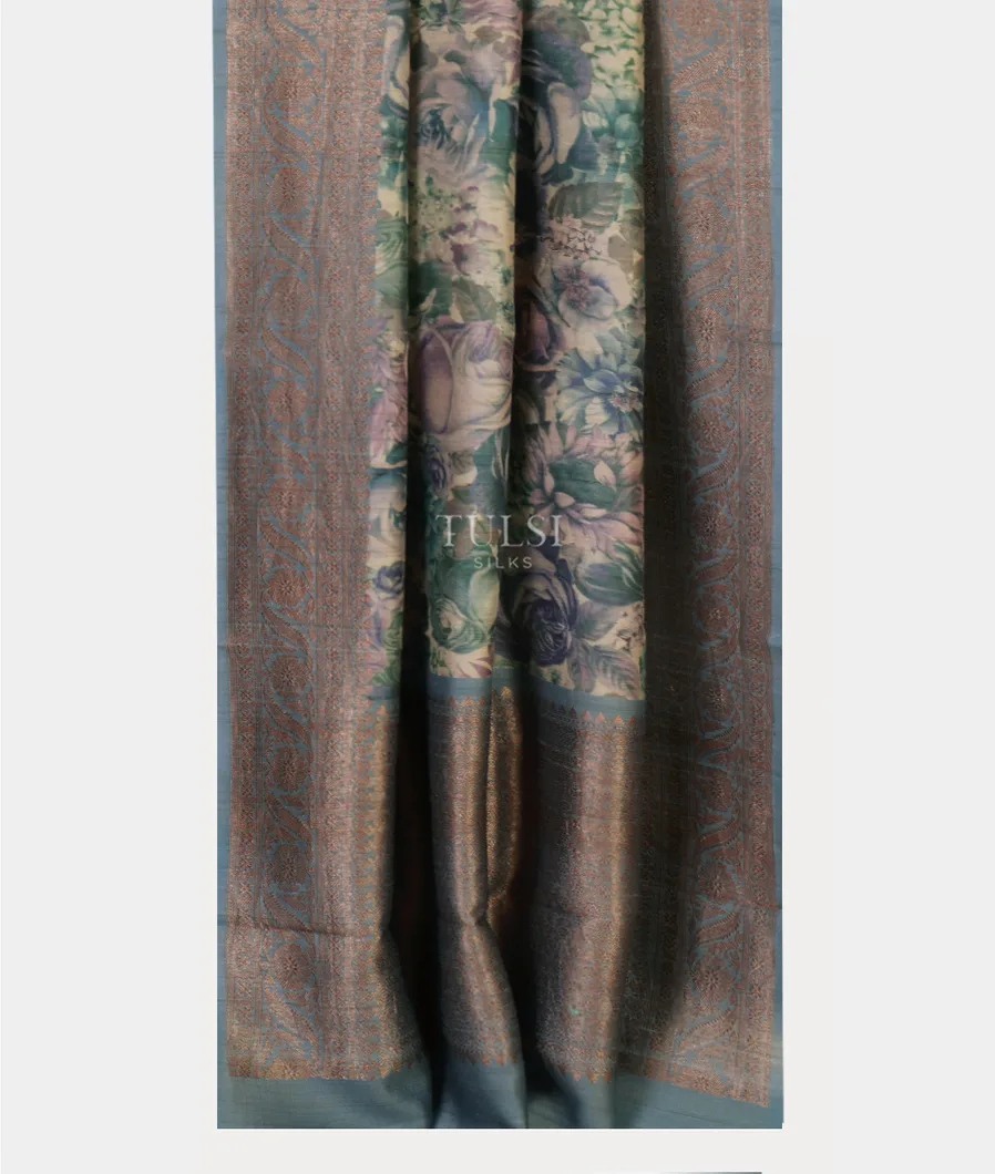 Blue Printed Banaras Tussar Georgette Saree T4916492