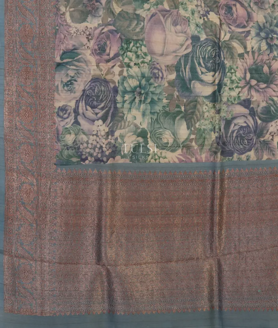 Blue Printed Banaras Tussar Georgette Saree T4916494