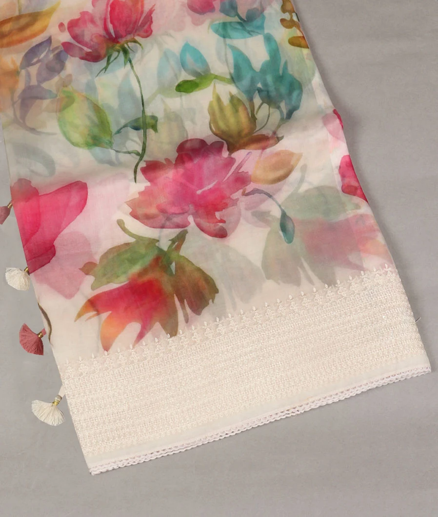 White Kora Organza Printed Saree T519290-image