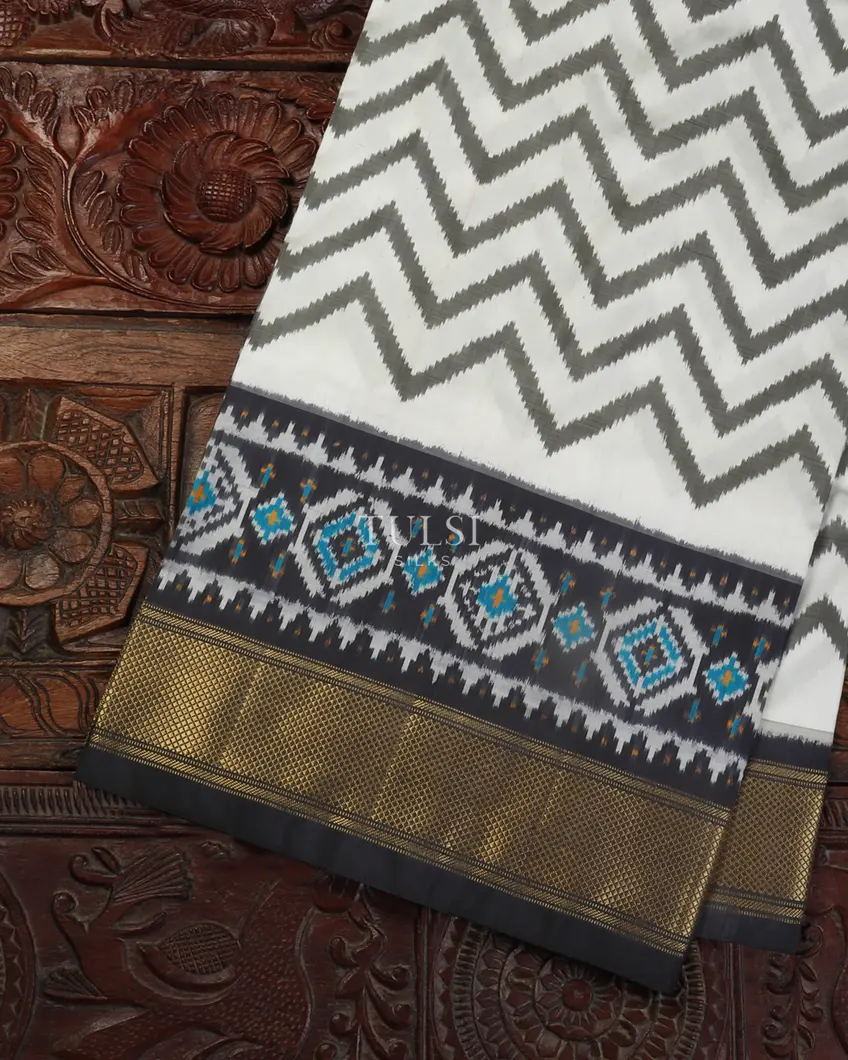 White Ikat Silk Saree T534626-image