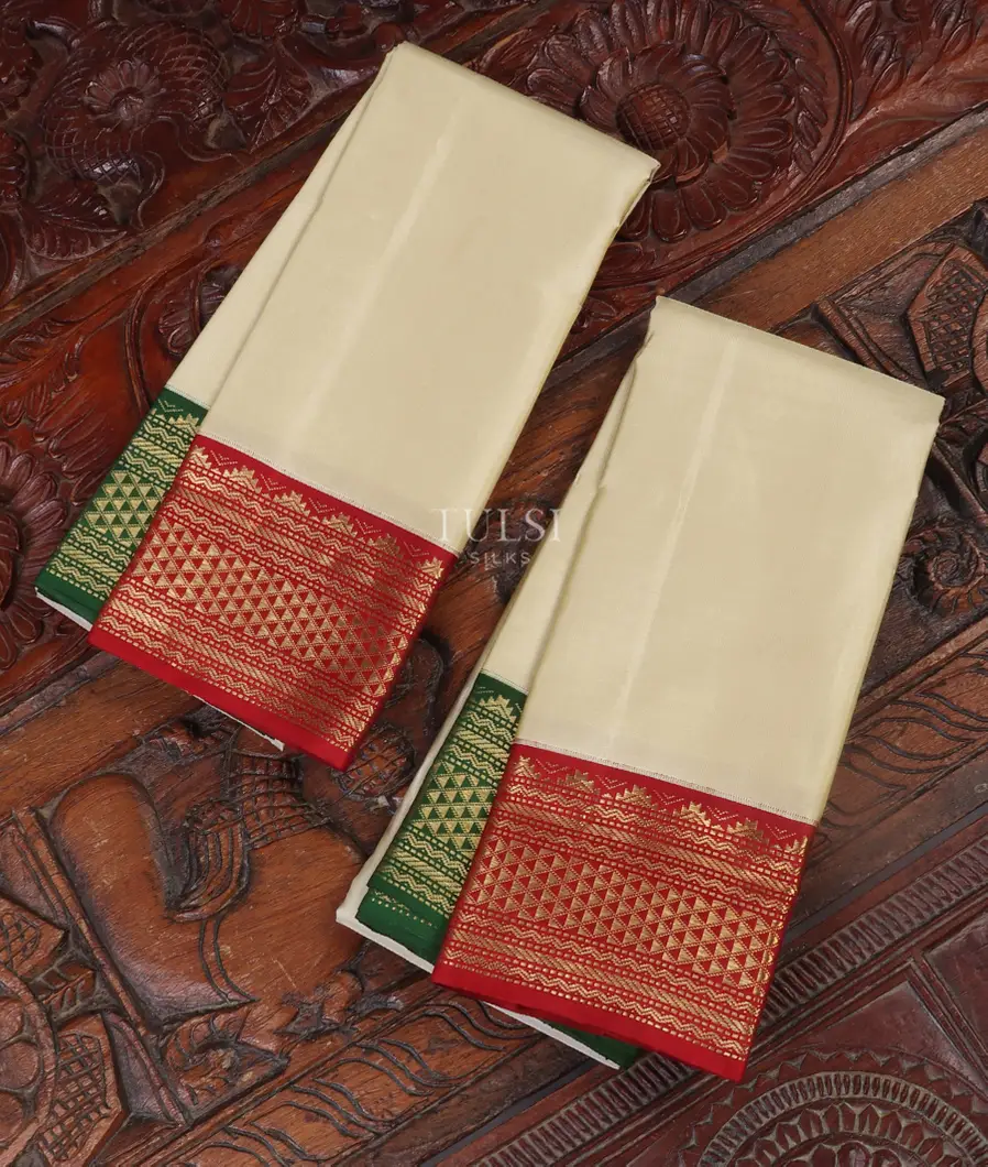 Light Beige Handwoven Kanjivaram Silk Dhoti and Vastharam T518799-image