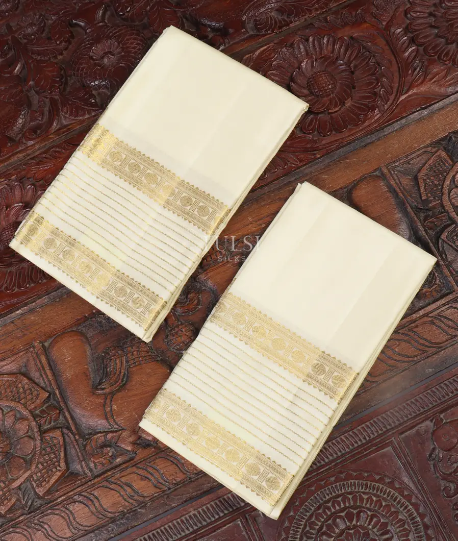 Cream Handwoven Kanjivaram Silk Dhoti and Vastharam T500681-image