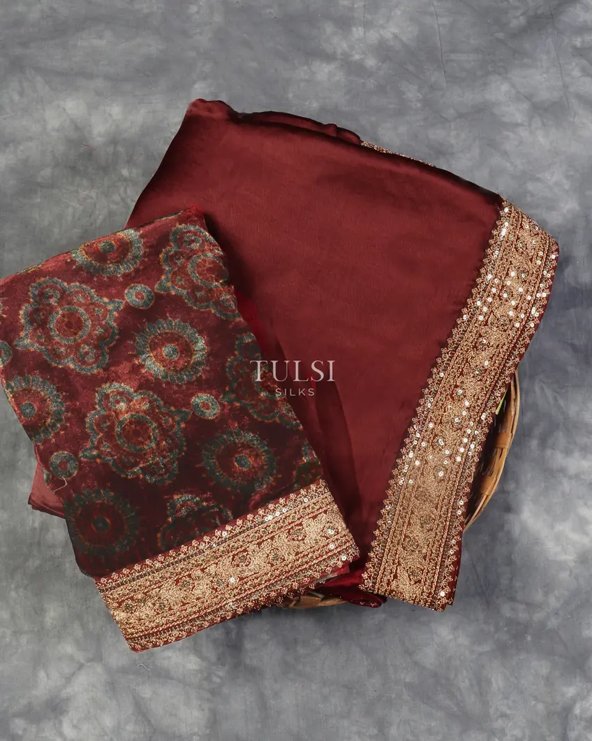 Maroon Crinkle Crepe Embroidery Silk Saree T520410-image