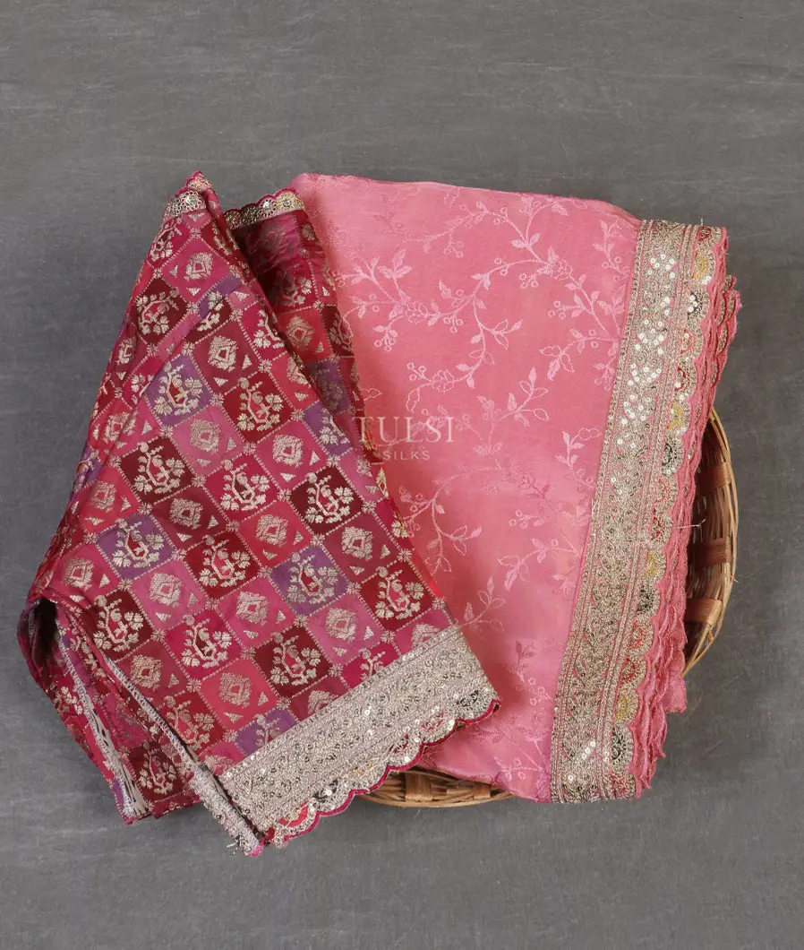 Pink Crepe jacquard Embroidery Silk Saree T534137-image