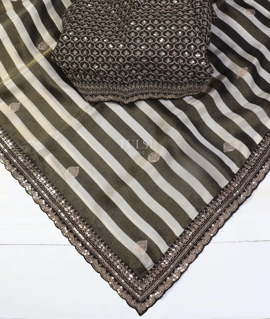 Black And White Kora Tissue Organza Embroidery Saree T5316734