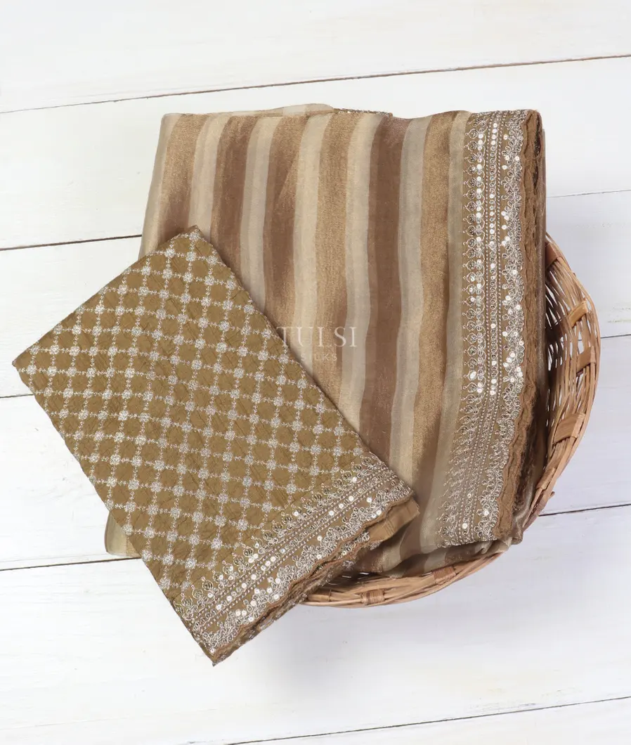 Brown And Off -White Kora Tissue Organza Embroidery Saree T534733-image