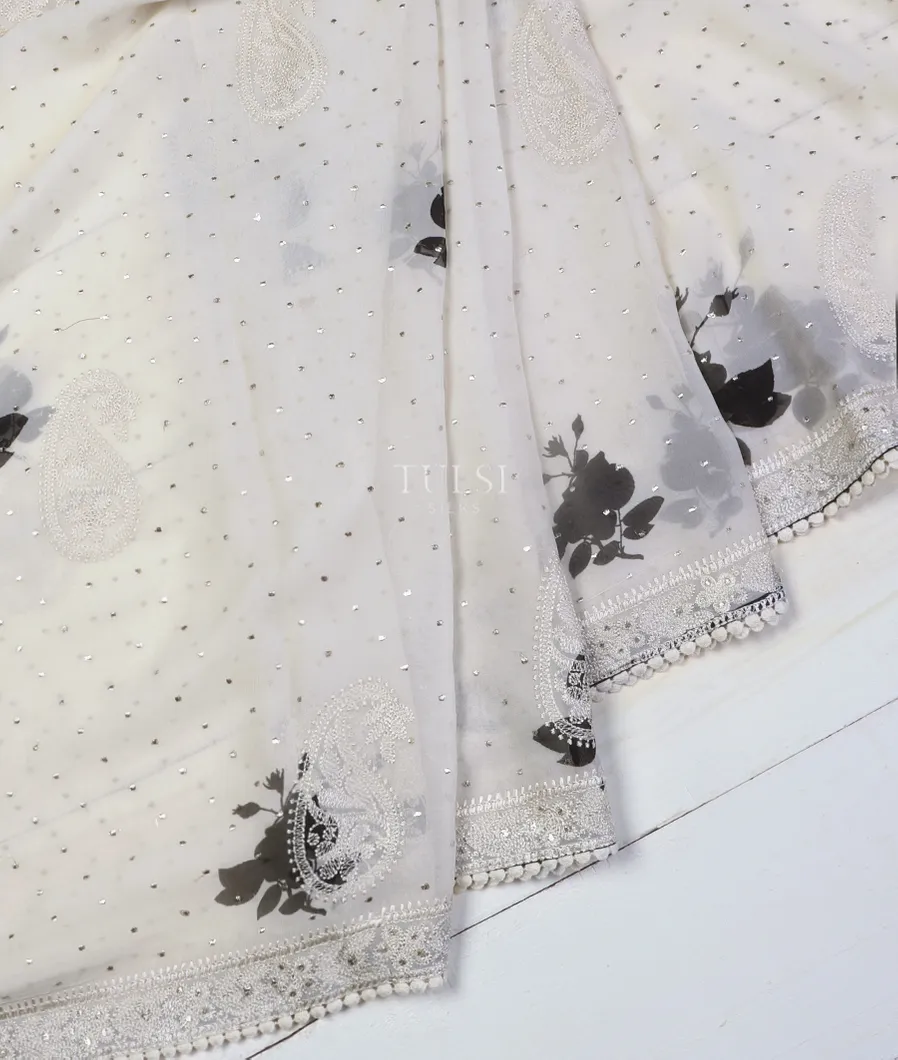 Off - White Georgette Silk Embroidery Saree T5272692