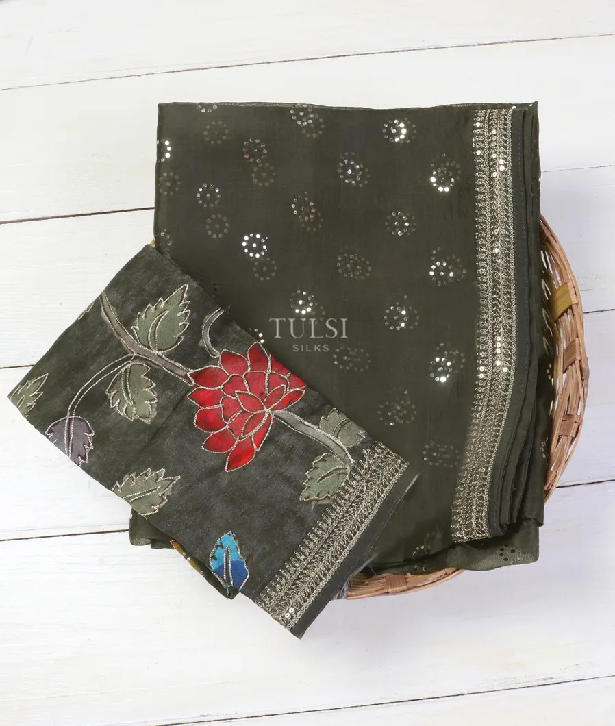 Greenish Grey Kora Tissue Organza Embroidery Saree T463094-image