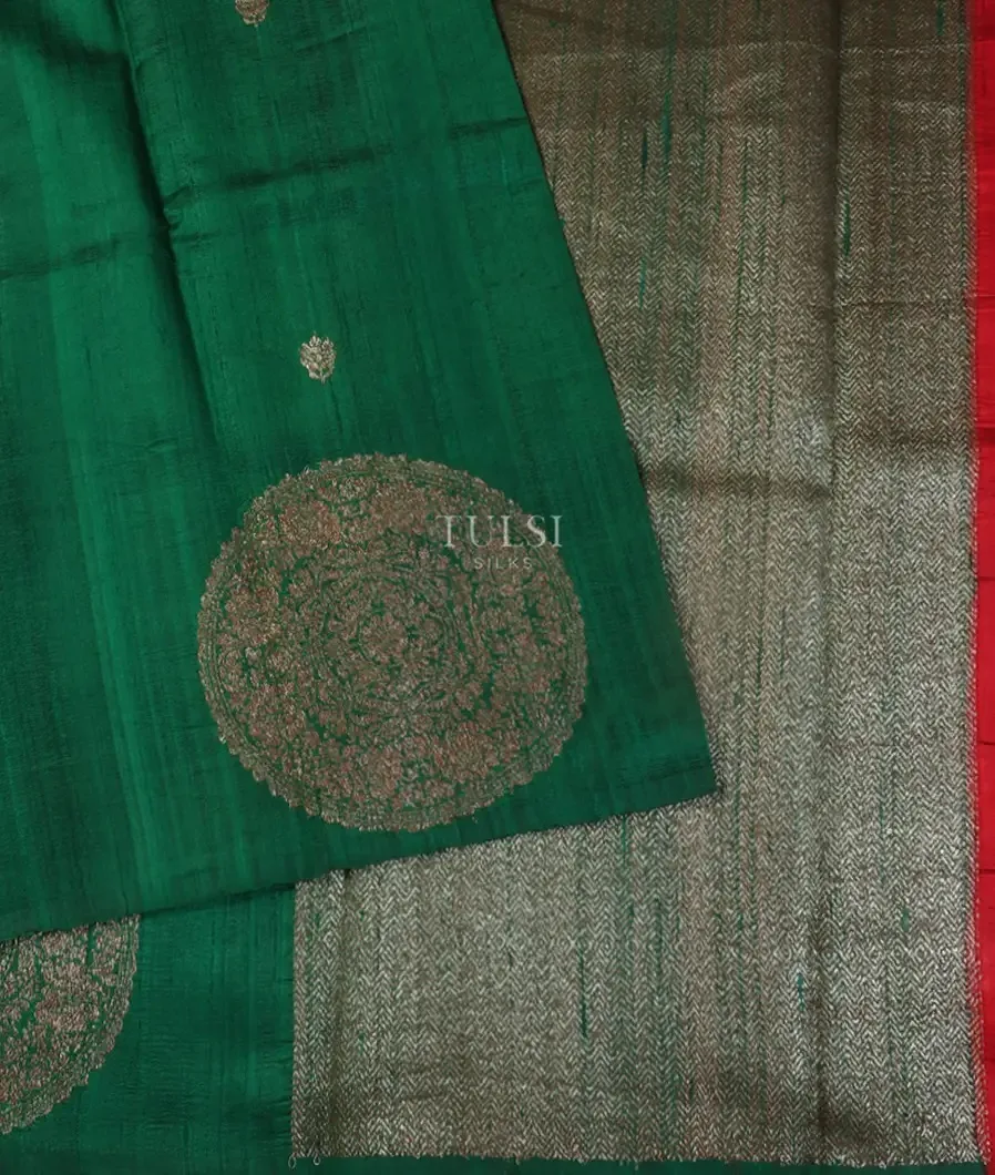 Bottle Green Banaras Tussar Saree T5378432