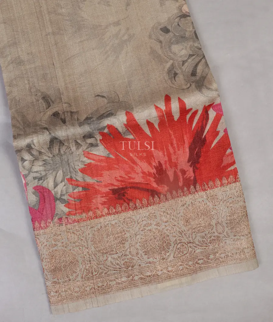 Light Grey Printed Banaras Tussar Georgette Saree T454699-image