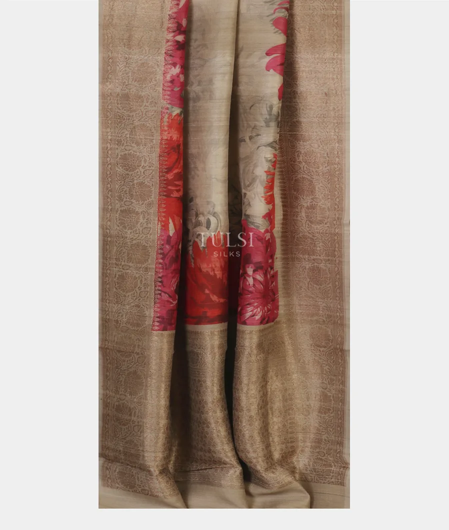 Light Grey Printed Banaras Tussar Georgette Saree T4546992