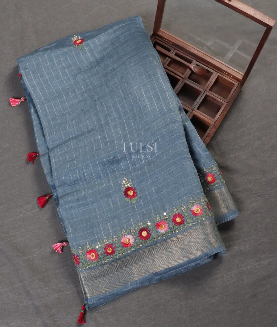 Blue Linen Embroidery Saree T539956-image