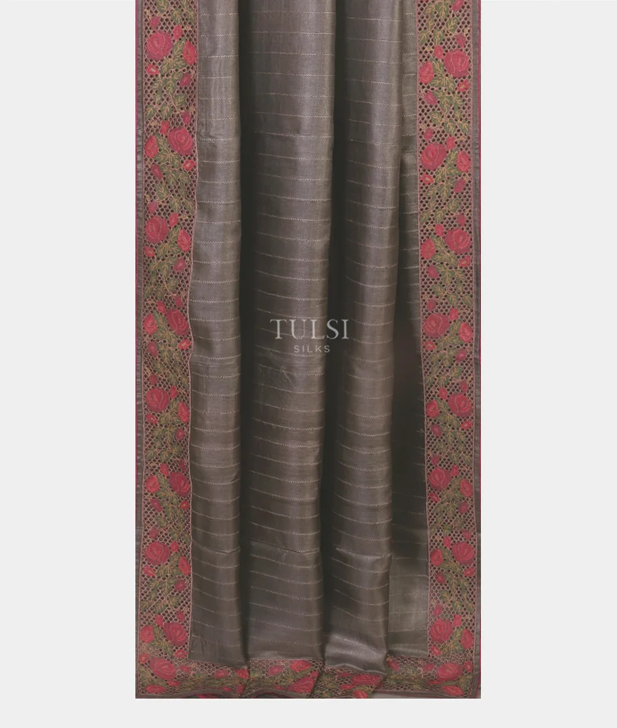 Pinkish Grey Tussar Embroidery saree T5149372