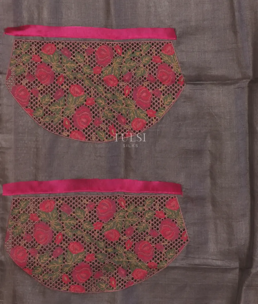 Pinkish Grey Tussar Embroidery saree T5149373