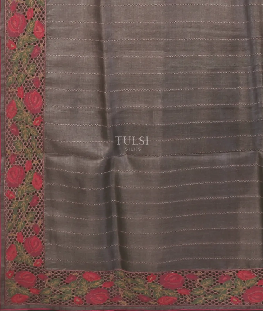 Pinkish Grey Tussar Embroidery saree T5149374
