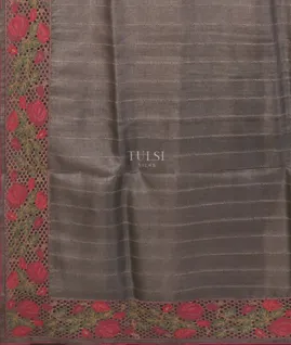 Pinkish Grey Tussar Embroidery saree T5149374