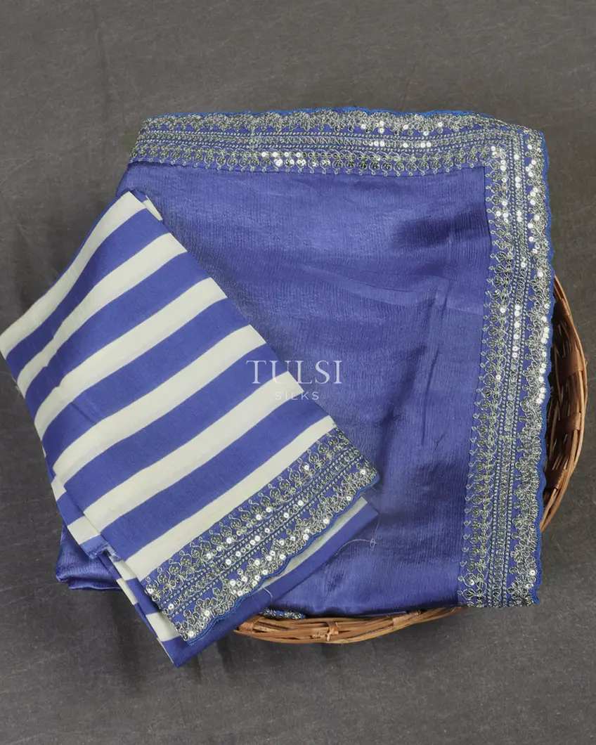 Blue Crinkle Crepe Embroidery Silk Saree T538313-image