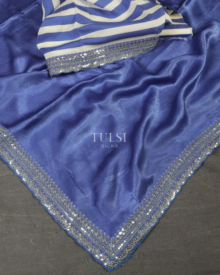 Blue Crinkle Crepe Embroidery Silk Saree T5383134