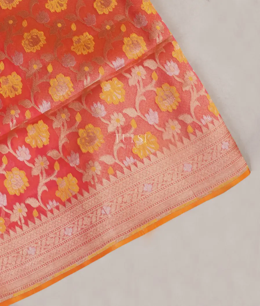 Pinkish Orange Banaras Organza Saree T533358-image