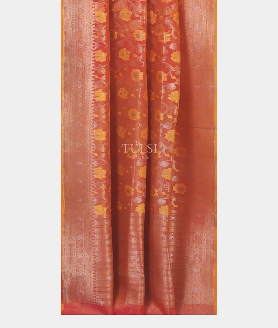 Pinkish Orange Banaras Organza Saree T5333582