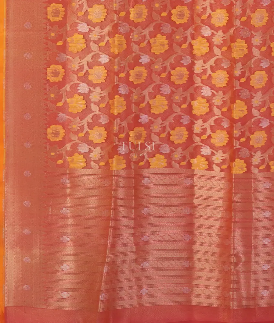 Pinkish Orange Banaras Organza Saree T5333584