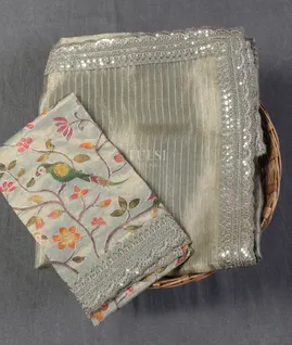 Greeenish Grey Kora Tissue Organza Embroidery SareeT5383211