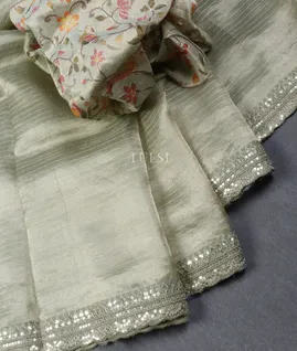 Greeenish Grey Kora Tissue Organza Embroidery SareeT5383212