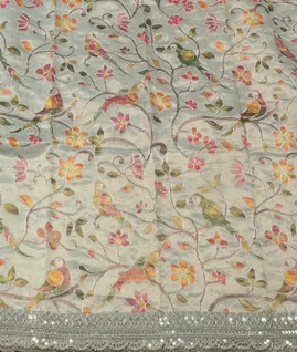 Greeenish Grey Kora Tissue Organza Embroidery SareeT5383213