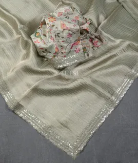Greeenish Grey Kora Tissue Organza Embroidery SareeT5383214