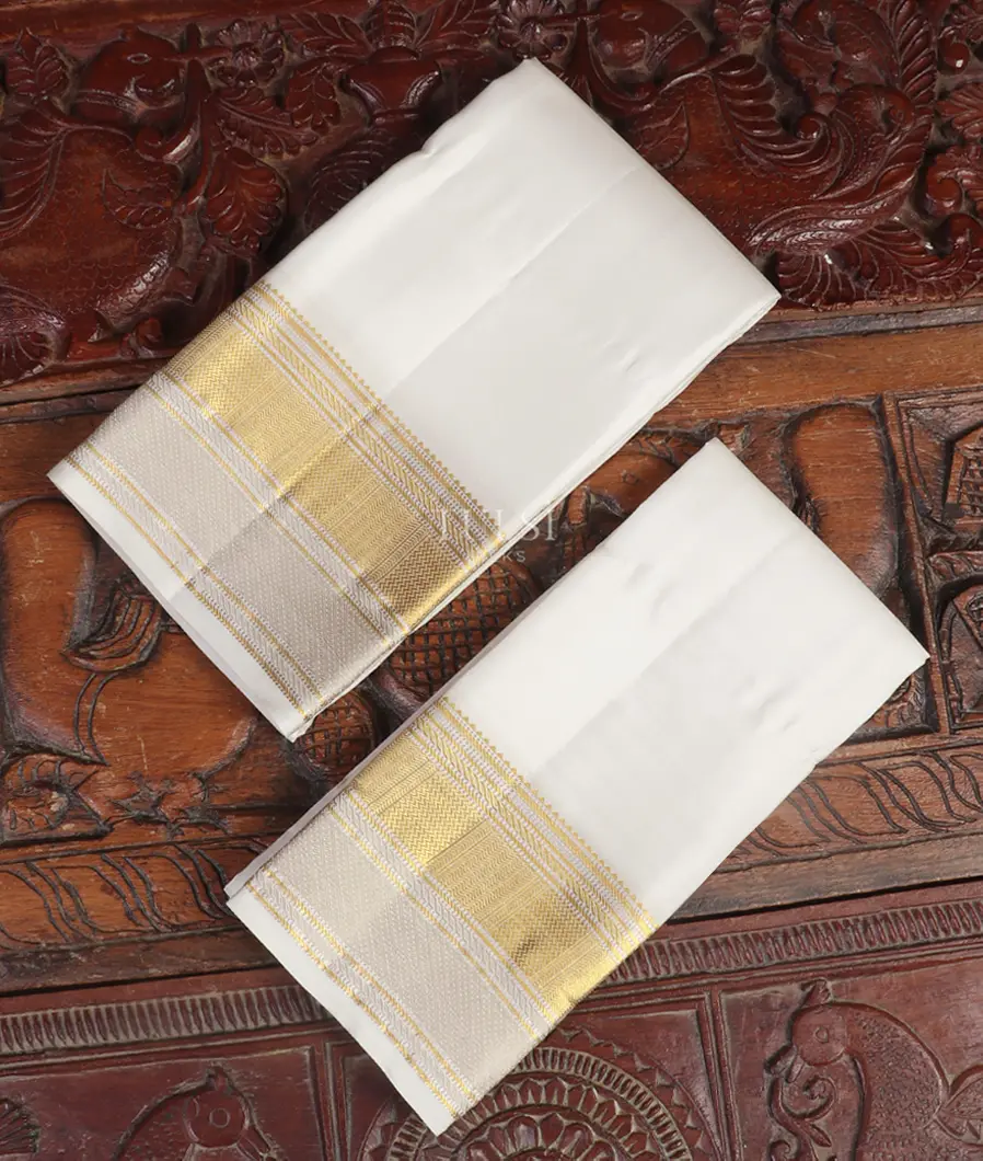 White Handwoven Kanjivaram Silk Dhoti and Vastharam T466663-image