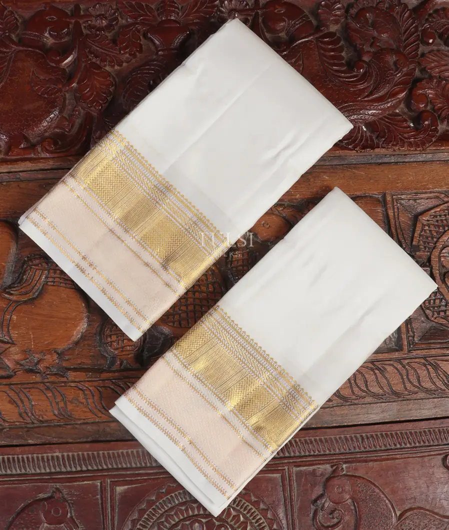 White Handwoven Kanjivaram Silk Dhoti and Vastharam T491386-image