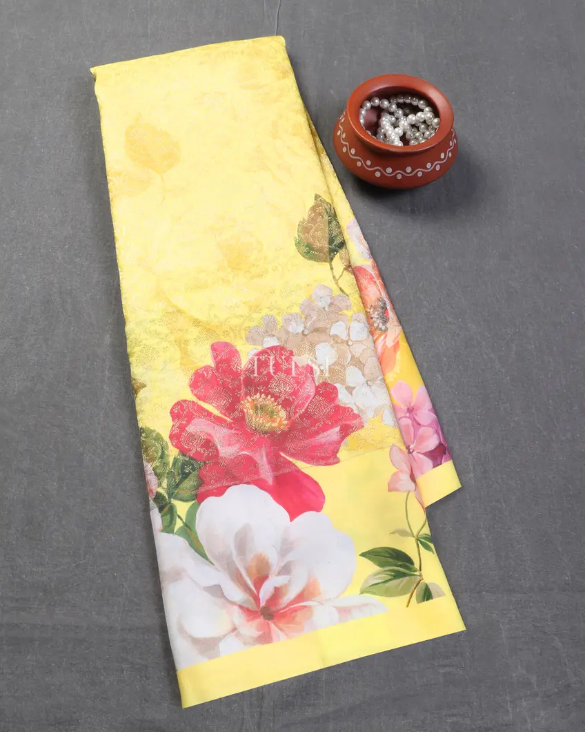 Yellow Hand Printed Kanjivaram Silk Saree T536918-image