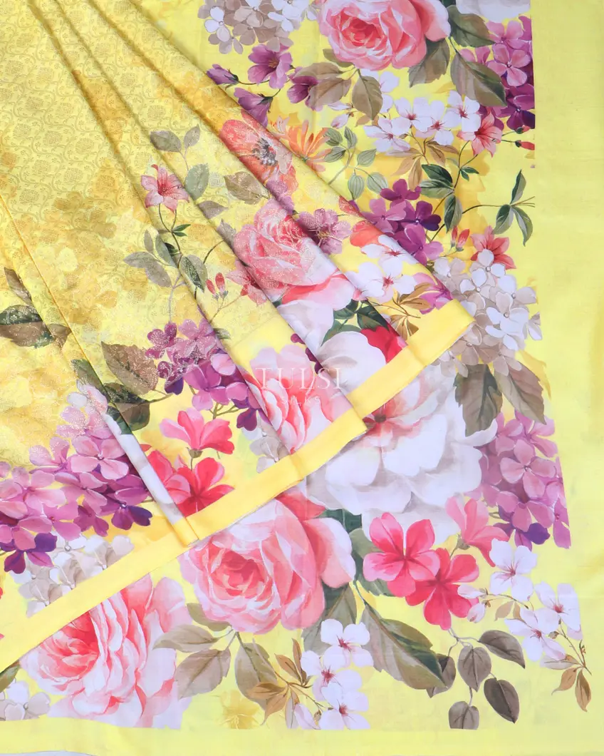 Yellow Hand Printed Kanjivaram Silk Saree T5369182