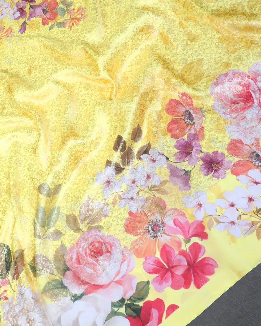 Yellow Hand Printed Kanjivaram Silk Saree T5369184