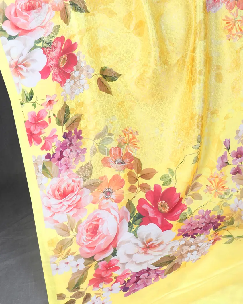 Yellow Hand Printed Kanjivaram Silk Saree T5369185