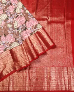 Brown Hand Printed Kanjivaram Silk Saree T5369272