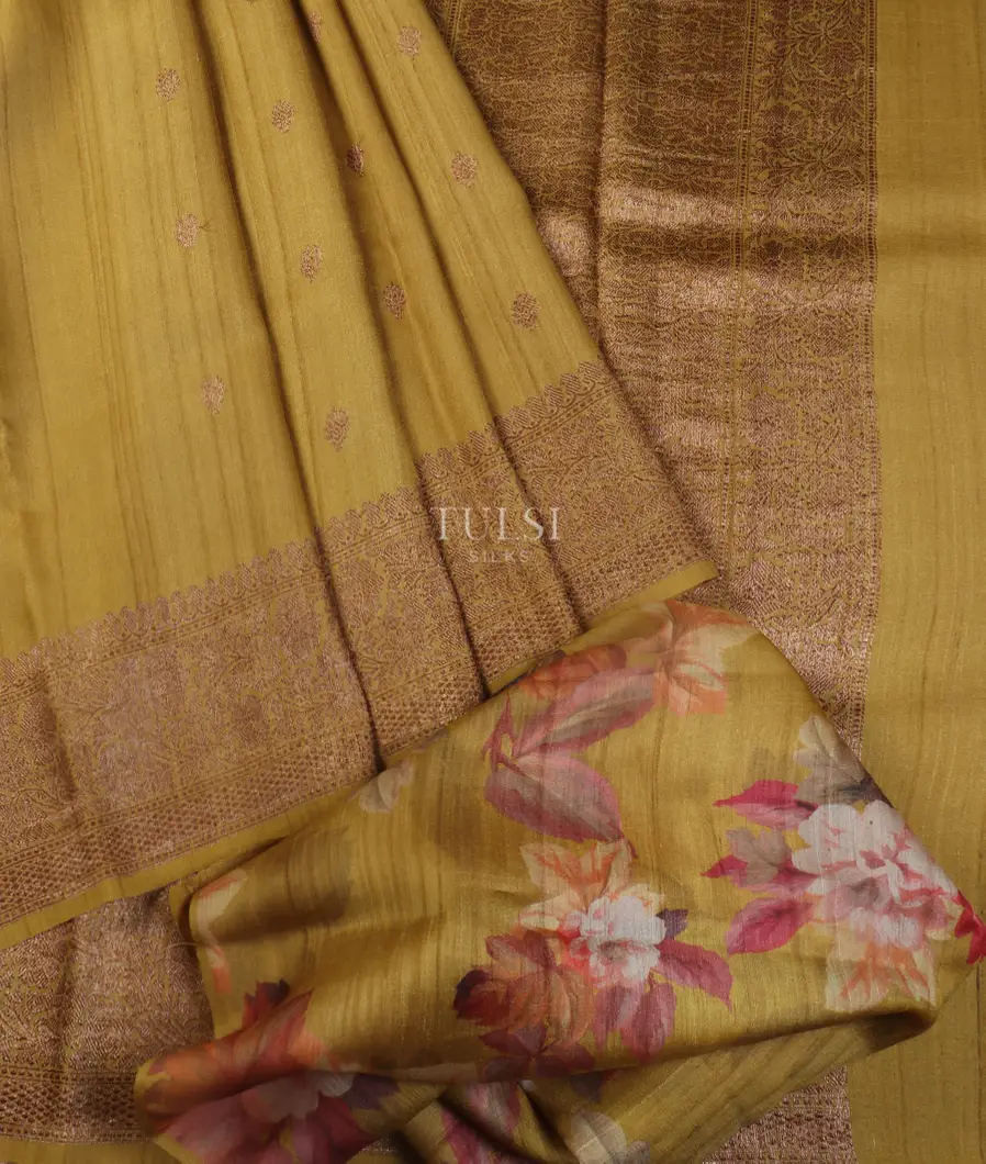 Yellowish Green Banaras Tussar Georgette Saree T5418702